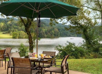 An outdoor dining setup with a green umbrella and a table set with food, on a patio overlooking a tranquil lake surrounded by lush greenery.