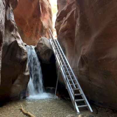 A narrow canyon with a small waterfall and a metal ladder leaning against the rock wall, leading to the top of the cascade, is seen.