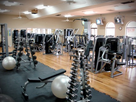 This image shows a spacious gym with various exercise equipment, including dumbbells, weight benches, exercise balls, and machines on a wooden floor.