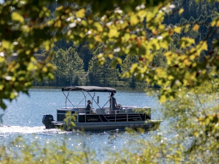 A motorboat glides on a tranquil lake, framed by lush, green tree foliage, with people on board. Trees and shoreline are visible in the background.