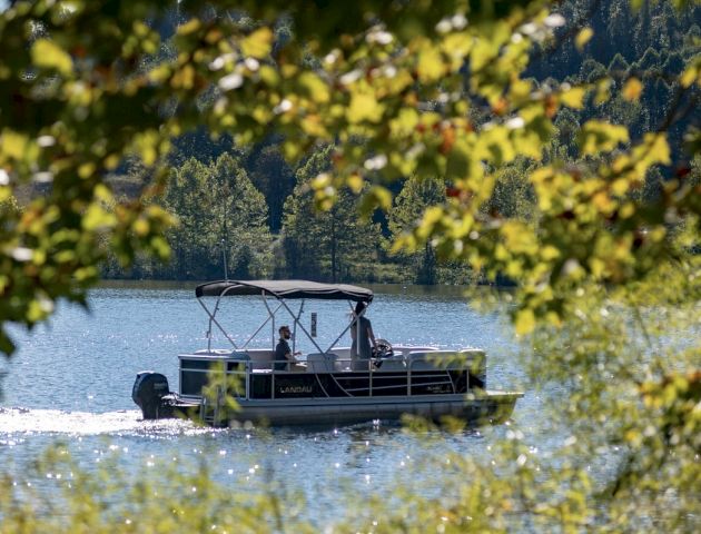 A boat with people on board cruises on a lake, surrounded by greenery and trees, creating a serene and picturesque natural setting.