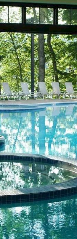 The image shows an indoor swimming pool area with large windows and lounge chairs outside, providing a peaceful view of the surrounding nature.